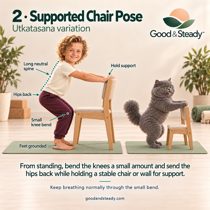 Rick and Kuzya illustrate Supported Chair Pose.