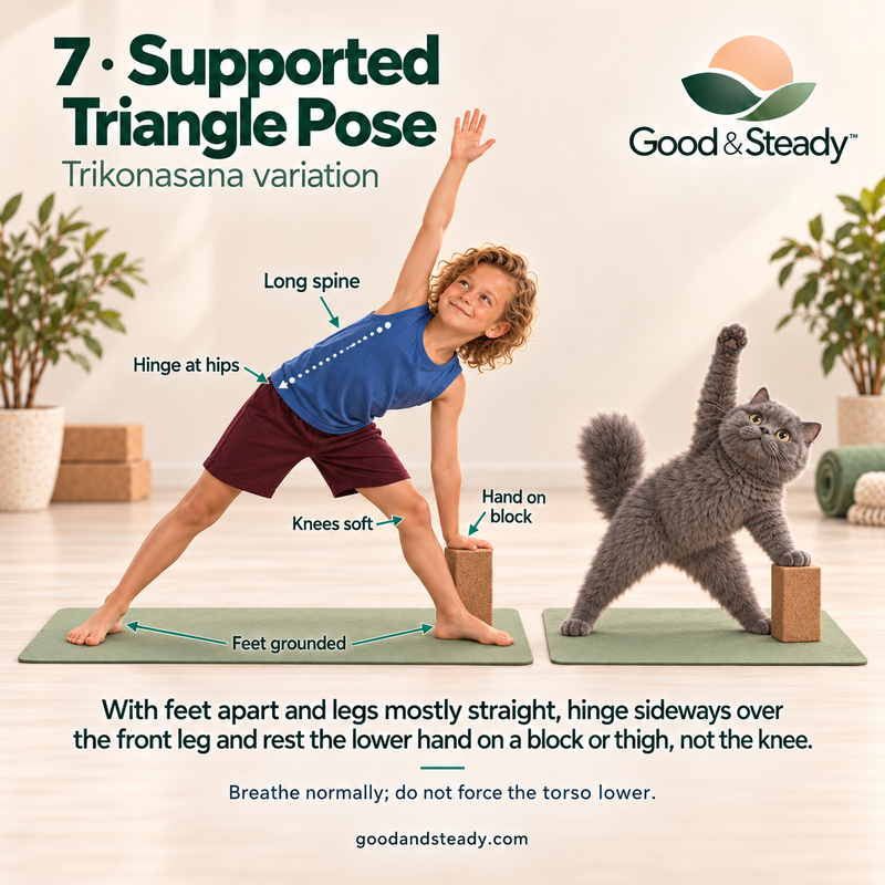 Rick and Kuzya illustrate Supported Triangle Pose.