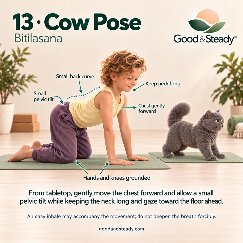 Rick and Kuzya illustrate Cow Pose.