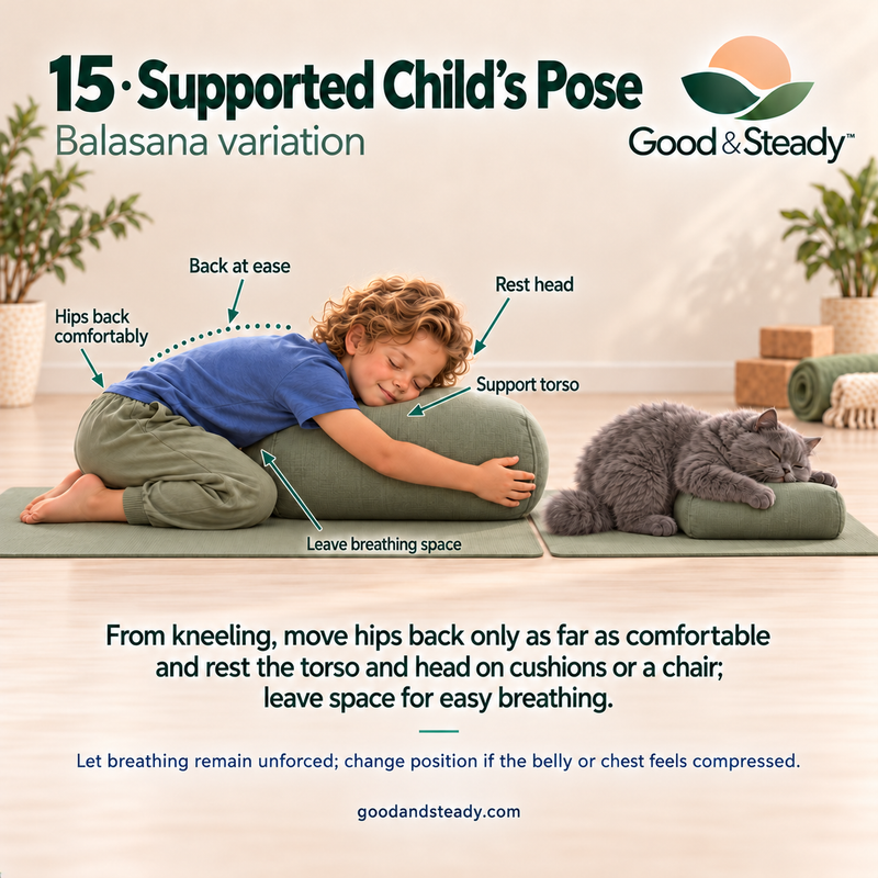 Rick and Kuzya illustrate Supported Child’s Pose.