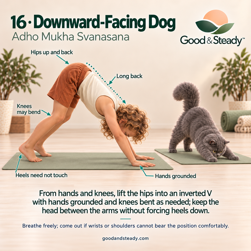 Rick and Kuzya illustrate Downward-Facing Dog.