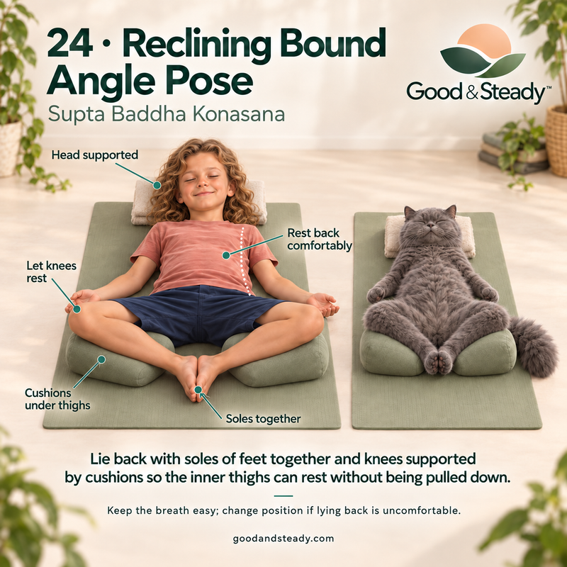Rick and Kuzya illustrate Reclining Bound Angle Pose.