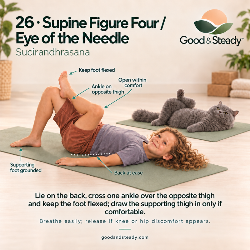 Rick and Kuzya illustrate Supine Figure Four / Eye of the Needle.