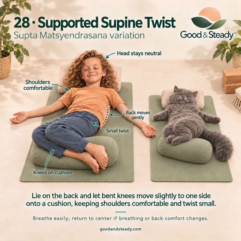 Rick and Kuzya illustrate Supported Supine Twist.