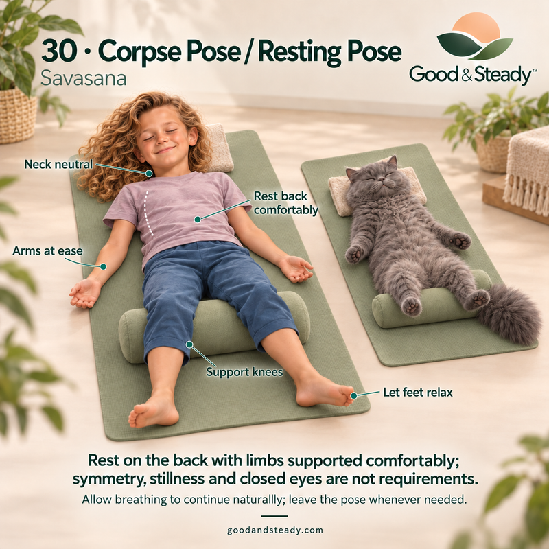 Rick and Kuzya illustrate Corpse Pose / Resting Pose.