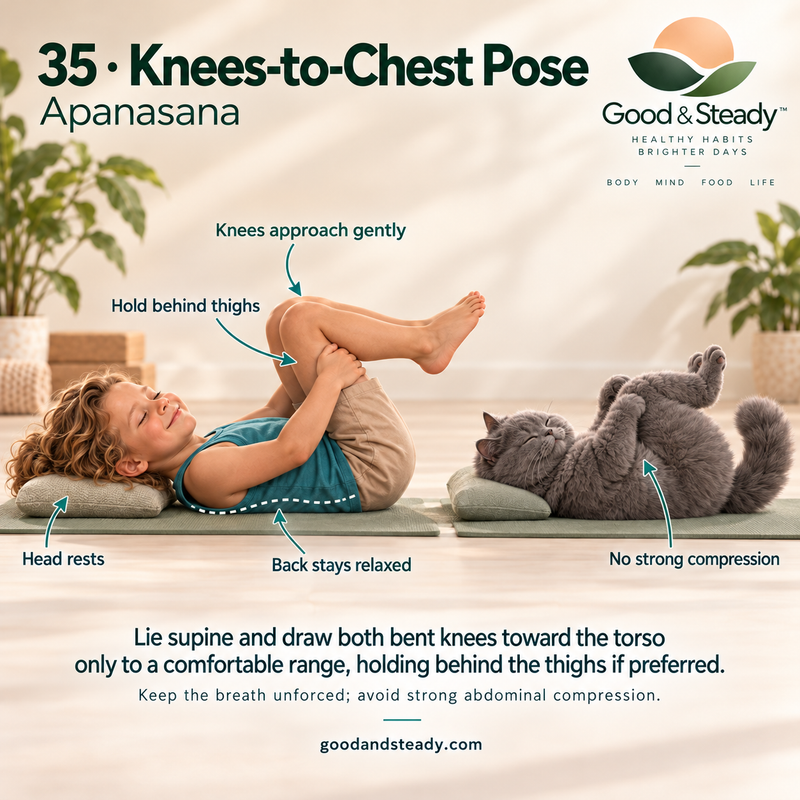 Rick and Kuzya illustrate Knees-to-Chest Pose.