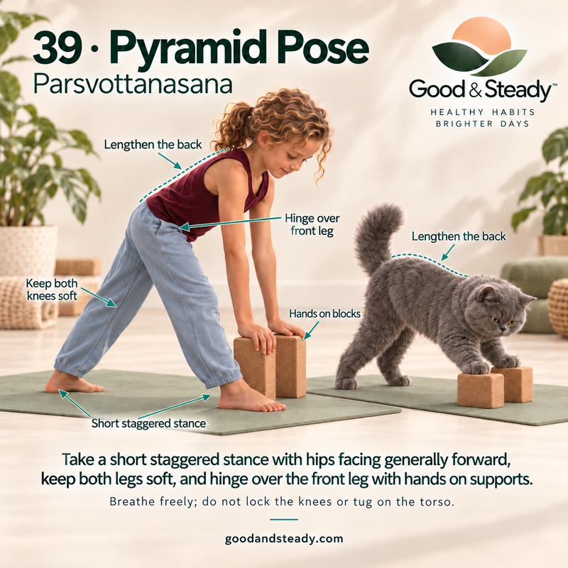 Rick and Kuzya illustrate Pyramid Pose.