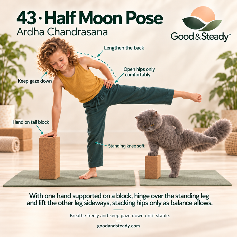 Rick and Kuzya illustrate Half Moon Pose.