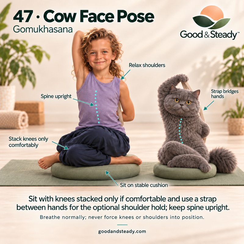Rick and Kuzya illustrate Cow Face Pose.