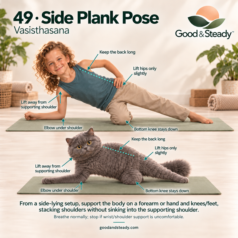 Rick and Kuzya illustrate Side Plank Pose.