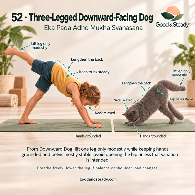 Rick and Kuzya illustrate Three-Legged Downward-Facing Dog.