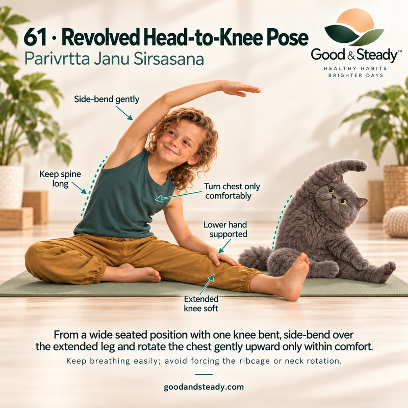 Rick and Kuzya illustrate Revolved Head-to-Knee Pose.