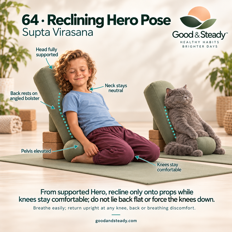 Rick and Kuzya illustrate Reclining Hero Pose.