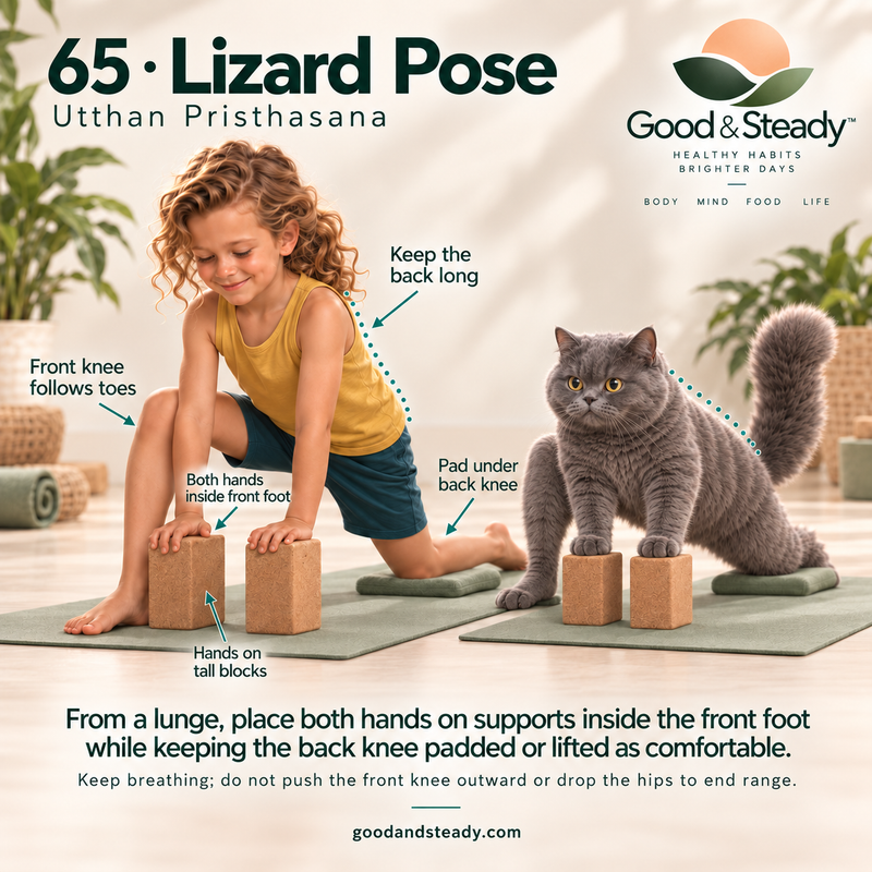 Rick and Kuzya illustrate Lizard Pose.