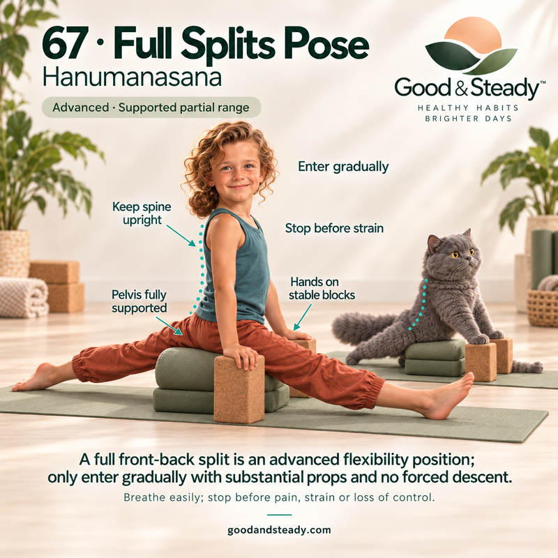 Rick and Kuzya illustrate Full Splits Pose. Illustrated variation: Advanced · Supported partial range.