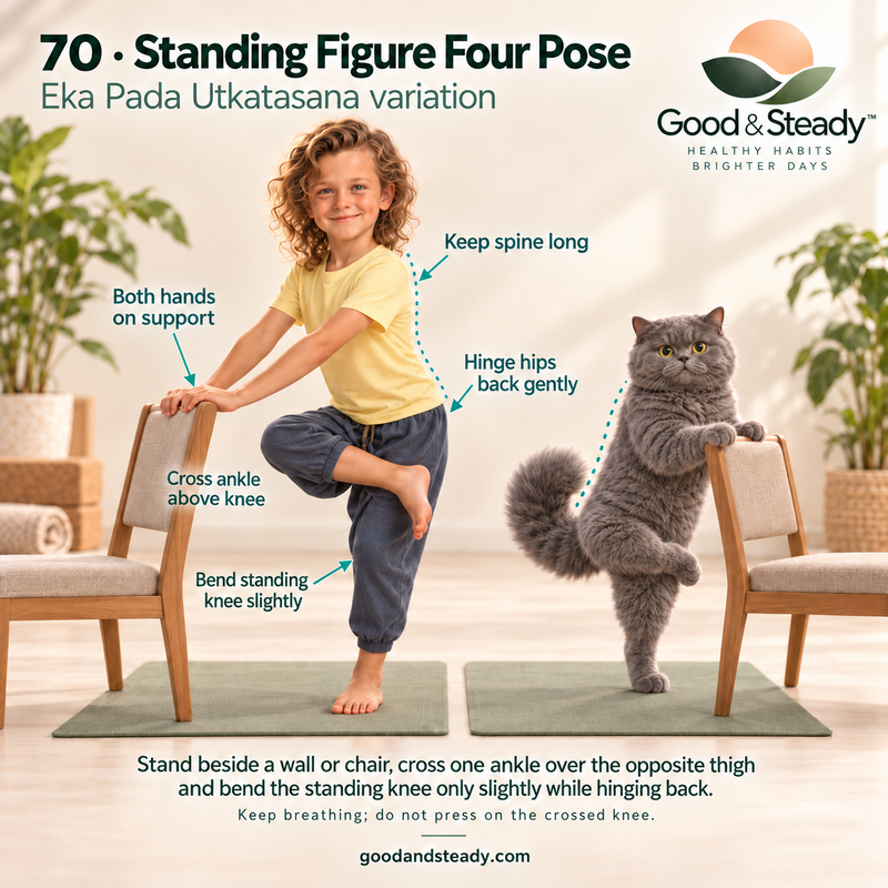 Rick and Kuzya illustrate Standing Figure Four Pose.