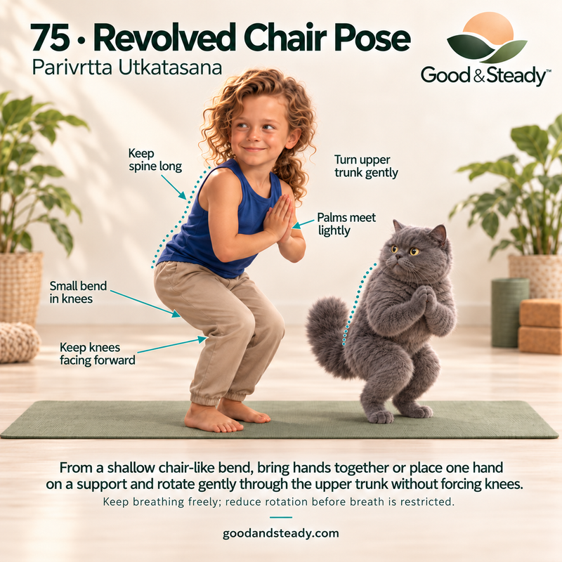 Rick and Kuzya illustrate Revolved Chair Pose.