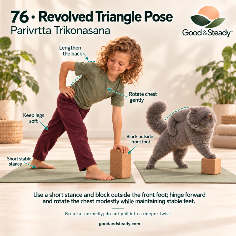 Rick and Kuzya illustrate Revolved Triangle Pose.