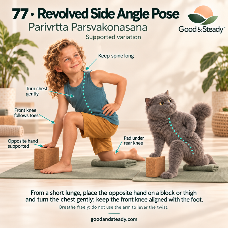Rick and Kuzya illustrate Revolved Side Angle Pose. Illustrated variation: Supported variation.