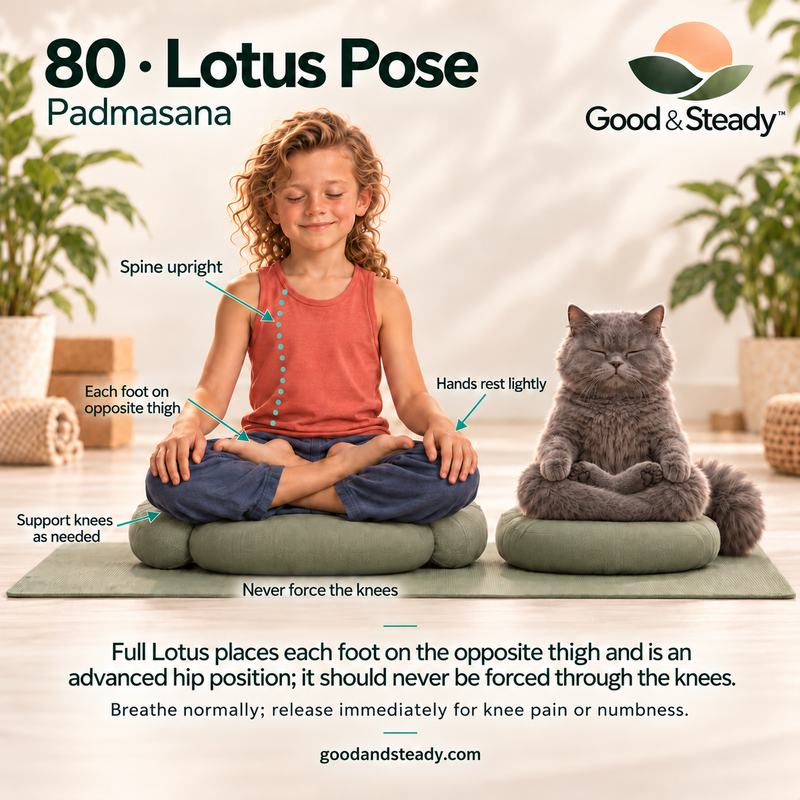 Rick and Kuzya illustrate Lotus Pose. Illustrated variation: Advanced · Never force the knees.