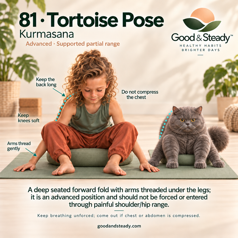 Rick and Kuzya illustrate Tortoise Pose. Illustrated variation: Advanced · Supported partial range.
