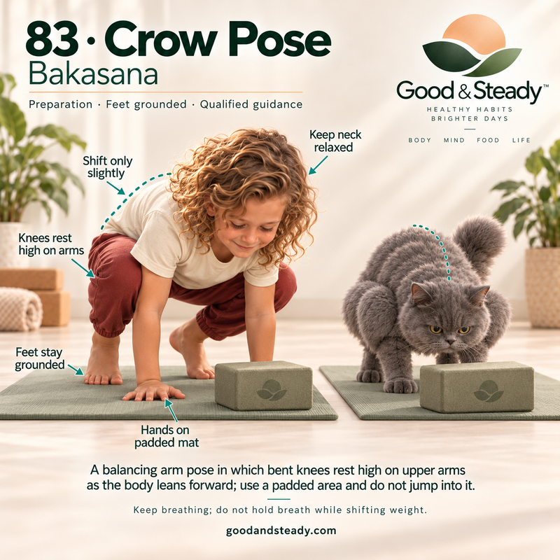Rick and Kuzya illustrate Crow Pose. Illustrated variation: Preparation · Feet grounded · Qualified guidance.