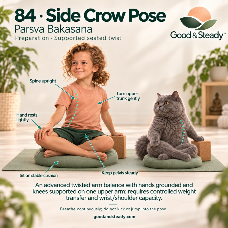 Rick and Kuzya illustrate Side Crow Pose. Illustrated variation: Preparation · Supported seated twist.
